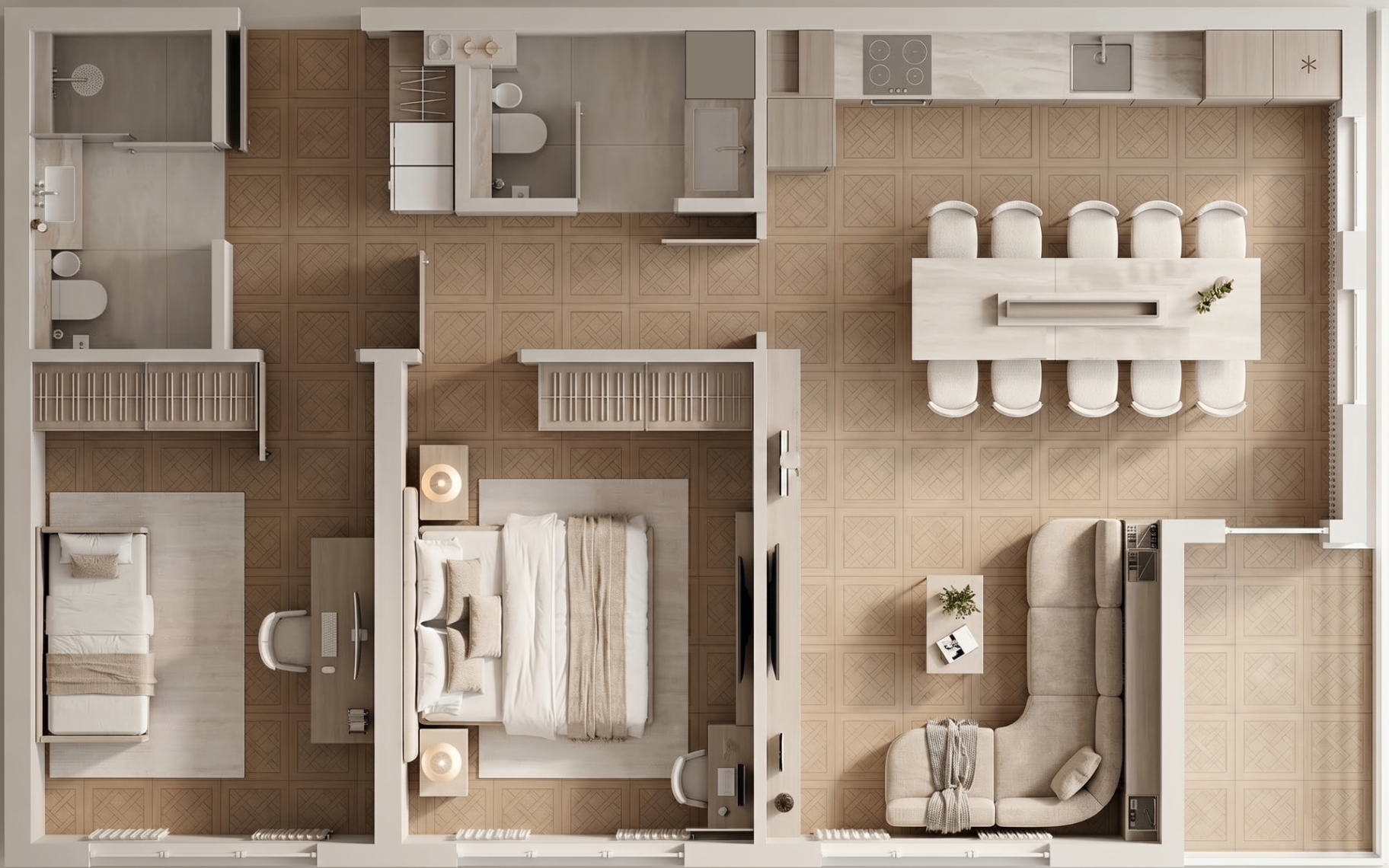 Top-down 3D floor plan showing bedroom, dining, lounge and bathrooms